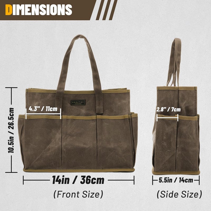 Kaaltisy 16OZ Waxed Canvas Tool Tote Bag for Garden Tools Wrench Set & Screwdrivers | 11-Pocket Garden Tool Bag with Portable Handles, Multi-Purpose Tool Storage Organizer (14"L x 5.5"W x 10.5"H) – Grey - Image 2